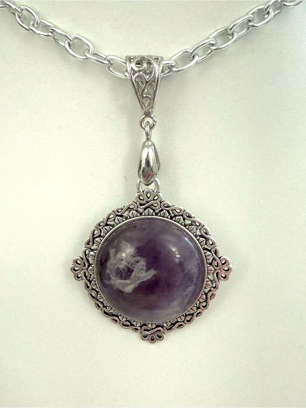 Sterling Silver S925 Large Amethyst Pendant Necklace Filigree Vintage Style